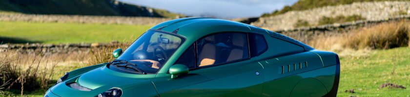 Riversimple Rasa hydrogen car, pictured in green in Welsh countryside