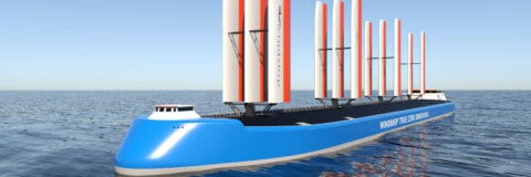 CGI visualisation of Windship True Zero Emissions triple-wing rig installed on a ship and viewed from the bow end