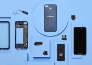 Fairphone product shot showing component parts for disassembly