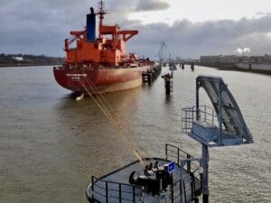 Ship docked in new green berthing area at Port of Hamburg