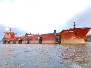 Ship docked in new green berthing area at Port of Hamburg