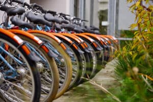 Rack of bicycle rentals available on site.