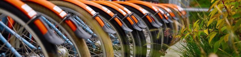 Rack of bicycle rentals available on site.