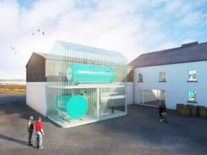 Artist's impression of green hydrogen plant building in courtyard at Bruichladdich distillery.