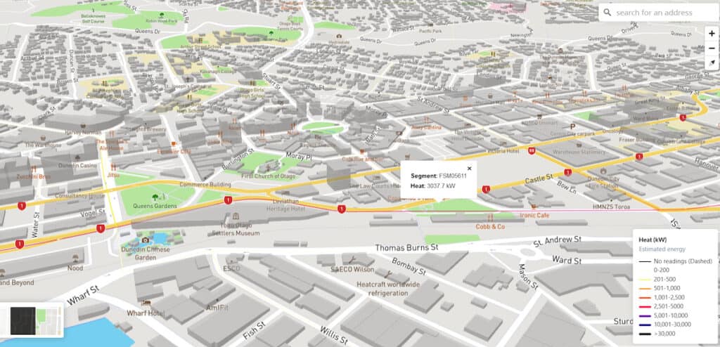 Mapping portal view from New Zealand of Dunedin CBD, showing the amount of heating and/or cooling available from wastewater outside the Dunedin railway station.