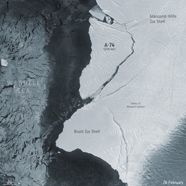 Black and white radar image of Brunt Ice Shelf, showing cracks and breakaway iceberg.