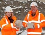 Jill Farrell, Director, Customer Engagement and Communications, at Zero Waste Scotland and Innovative Ash Solutions Director Robert Green, holding test blocks made from their innovative end-of-waste product.