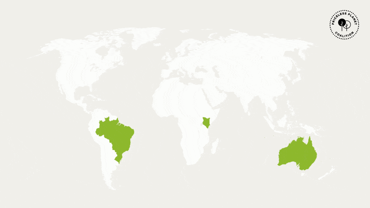Interactive world map showing country locations of restoration projects in green, with Planet Planet Coalition logo also top right.