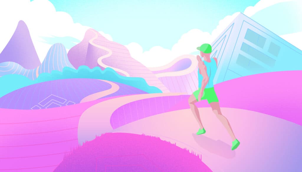 Graphic shows runner (male) in green hat shorts and shoes, heading out on winding path into pink and blue natural and built environment.