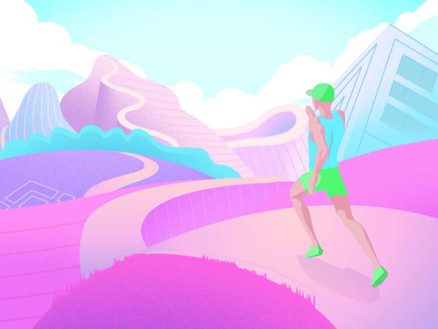 Graphic shows runner (male) in green hat shorts and shoes, heading out on winding path into pink and blue natural and built environment.