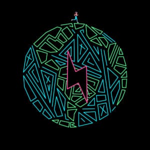 Graphic of a runner (female) pictured atop a blue and green geometric patchwork planet outlined against a black background.