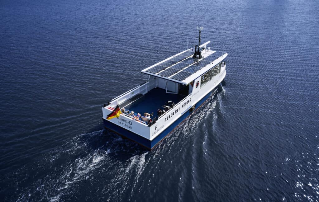 'Antonia vom Kamp' solar e-ferry, powered by Torqeeedo, viewed sailing from above showing solar PV on roof. (Image credit: Christian Brecheis)