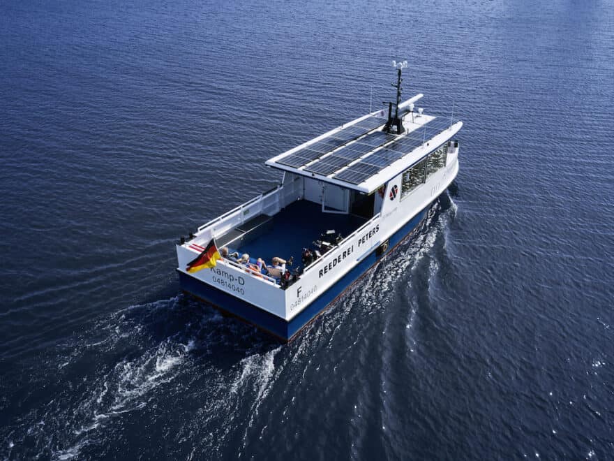 'Antonia vom Kamp' solar-electric ferry, powered by Torqeedo, viewed from above to show PV on roof. (Image credit: Christian Brecheis)