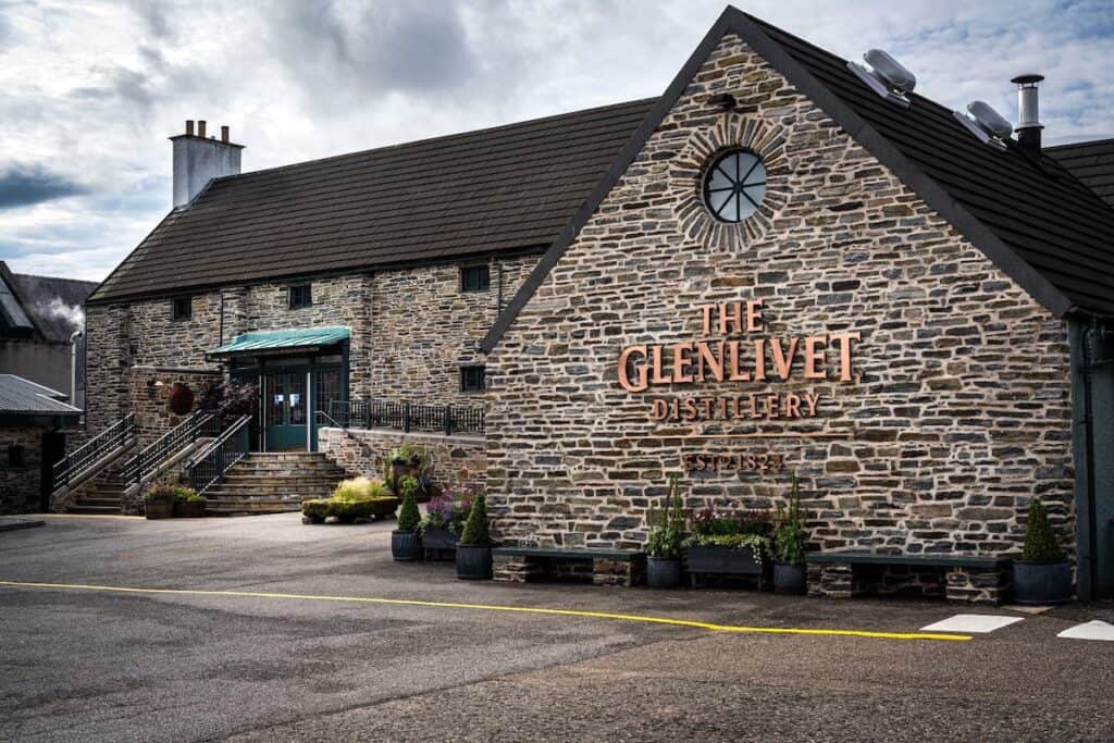 Exterior of The Glenlivet distillery, in Speyside, Scotland.