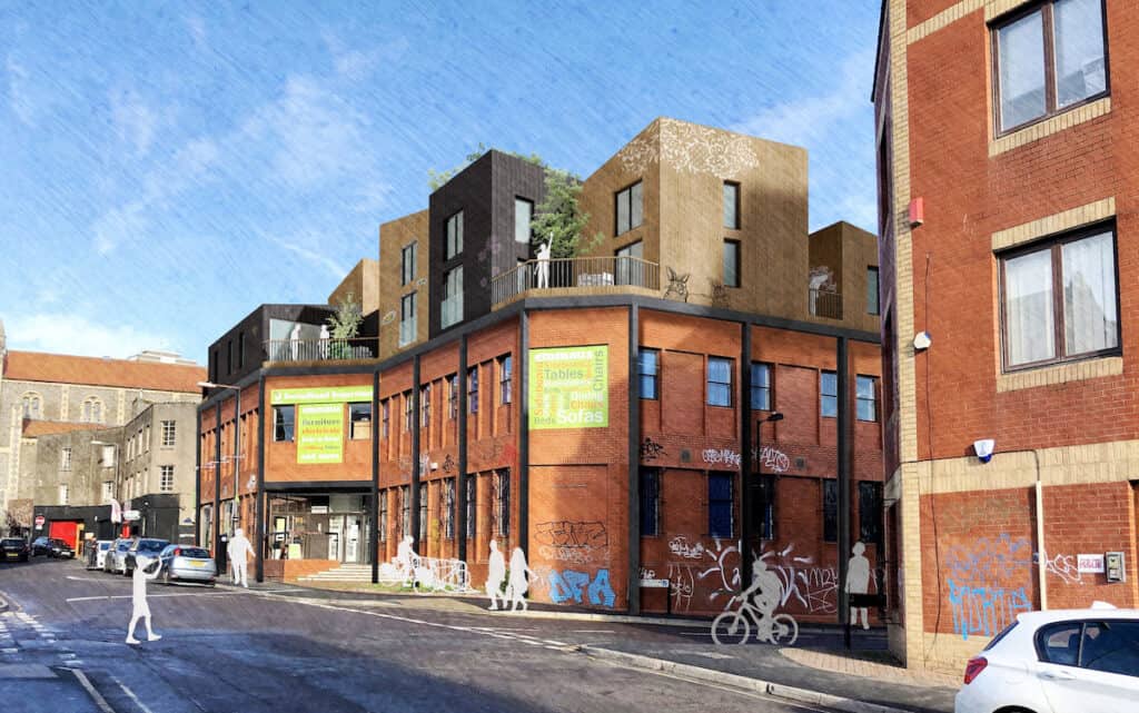 Artist's impression shows street view of Agile Homes design to create 15 new affordable eco homes on the city-centre roof of Emmaus Bristol.