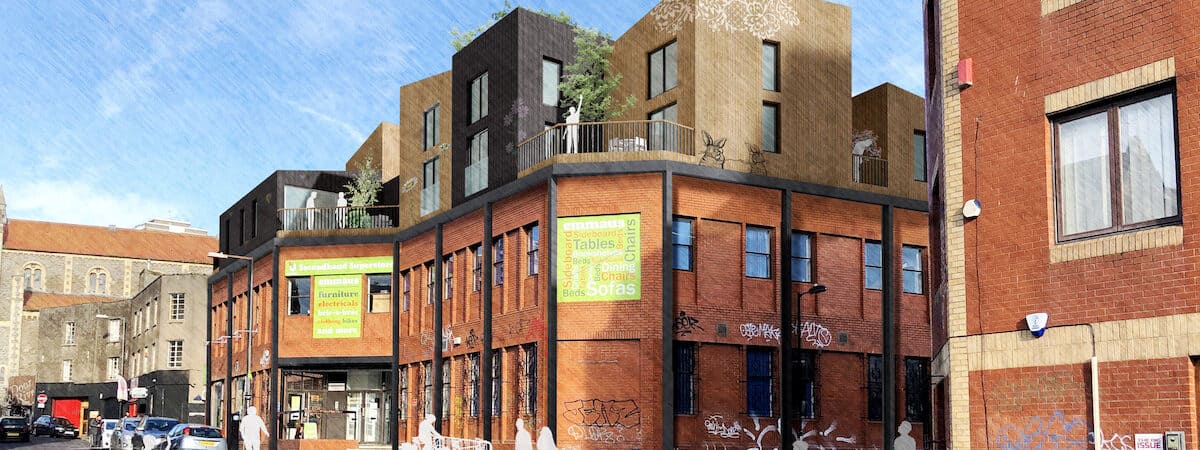 Artist's impression shows street view of Agile Homes design to create 15 new affordable eco homes on the city-centre roof of Emmaus Bristol.
