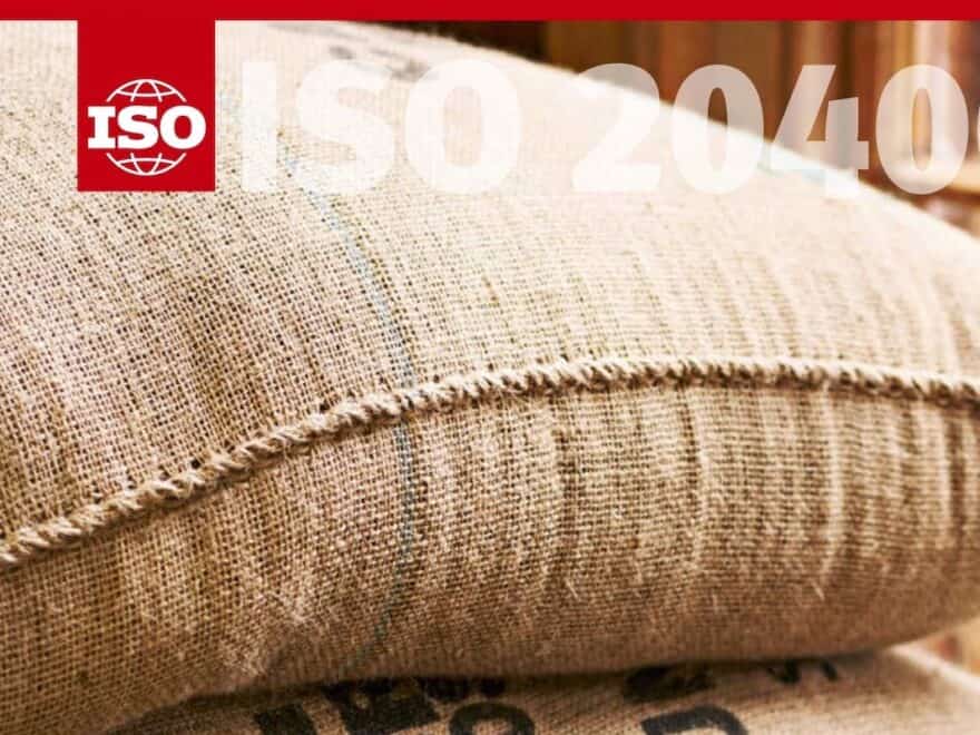 Detail from front of ISO report, showing coffee sacks, with ISO logo and 20400 superimposed over top of image.