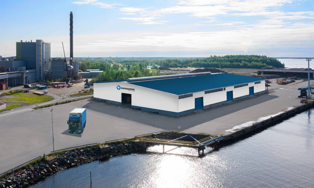 Artist's impression of the Kuusakoski recycling plant to be located on the waterfront in Veitsiluoto, a port on the Northern Gulf of Bothnia, Finland