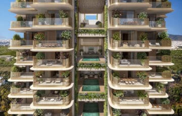 Artist's impression of exterior of Riviera Tower, with greenery on open curved balconies and central pool on each floor.