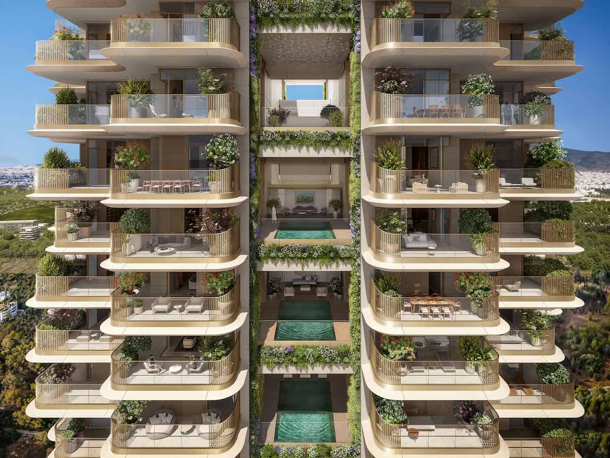 Artist's impression of exterior of Riviera Tower, with greenery on open curved balconies and central pool on each floor.