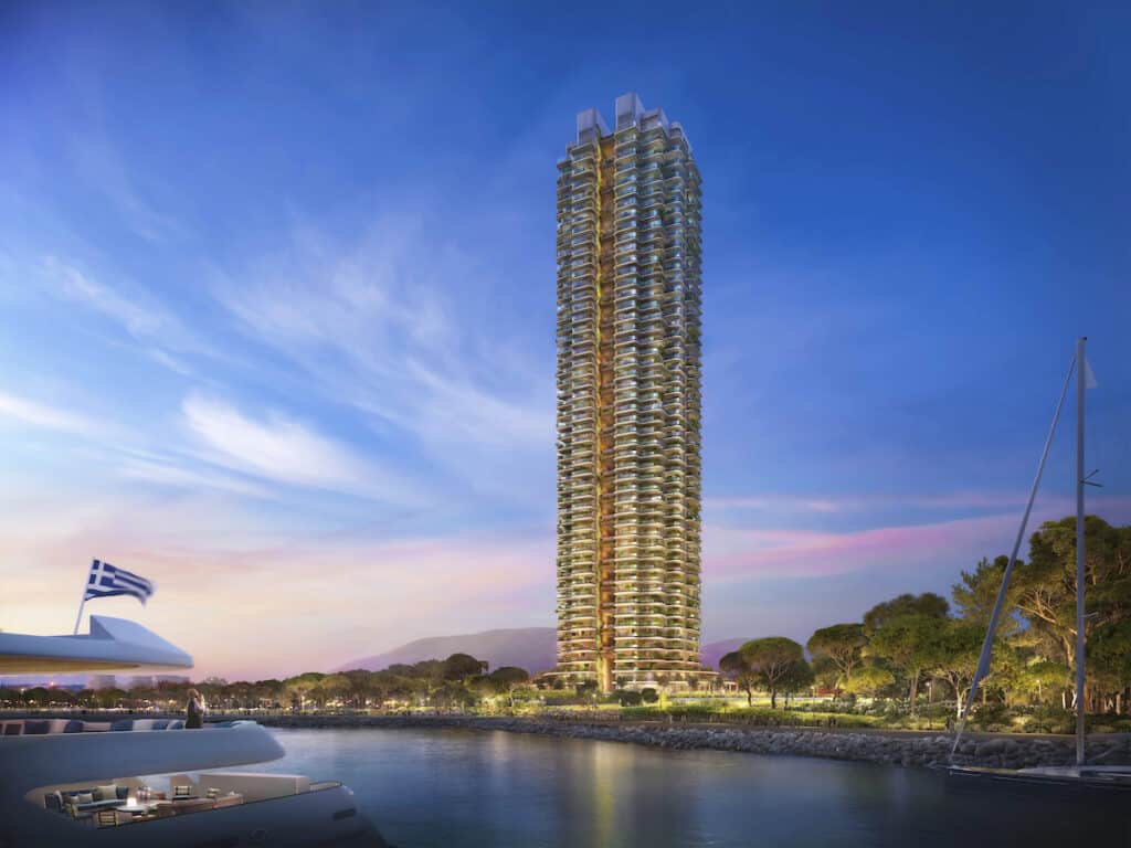 Artist's impression of the 50-storey Riviera Tower, pictured from across the water against the early evening sky.