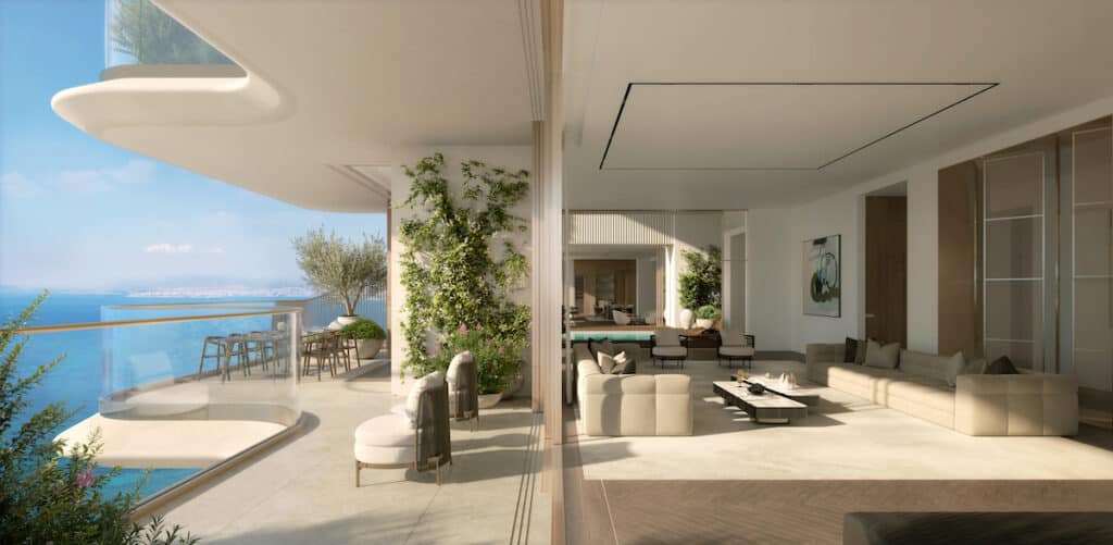 Artist's impression of interior of apartment in 50-storey Riviera Tower, in whites and biscuit colours, looking out across the water for balcony on left.