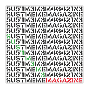 SustMeme Magazine picked out in green and red within block of black and white repeating text, inc numbers for letters.