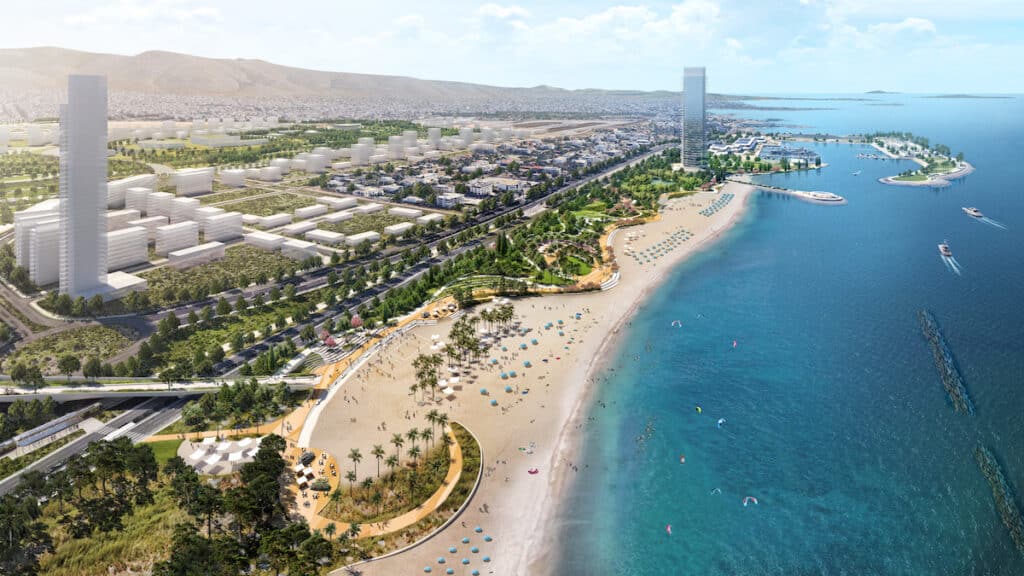 Artist's impression of The Ellinikon Coastal front, with beach and sea to the right, new development and greenspace to the left.