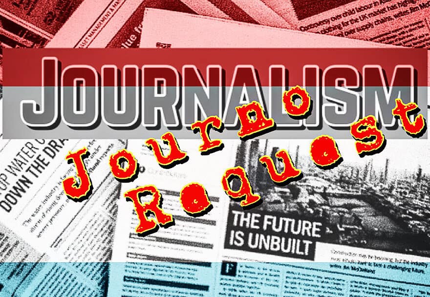 Newspaper pages backdrop, with red, white and blue horizontal filter, plus words 'JOURNALISM' and 'Journo Request' overlaid.