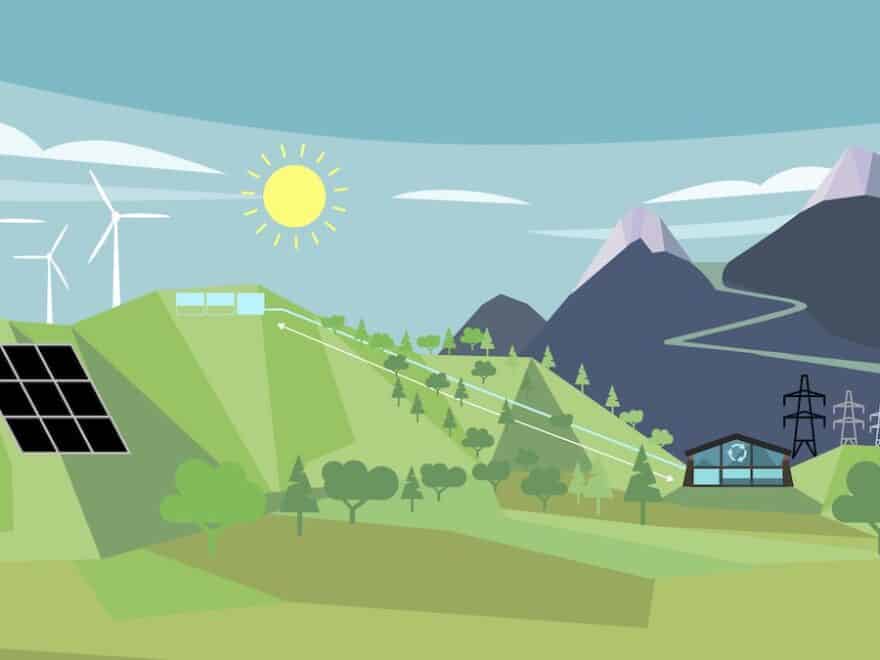 Graphic shows wind turbines and solar panels linked to energy storage for vertical farm, set in landscape of countryside with mountains behind.