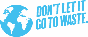 Dow 'Don't let it go to waste' logo, in upper case sky blue on white, rising on angle l-r, on right of blue and white planet Earth graphic.