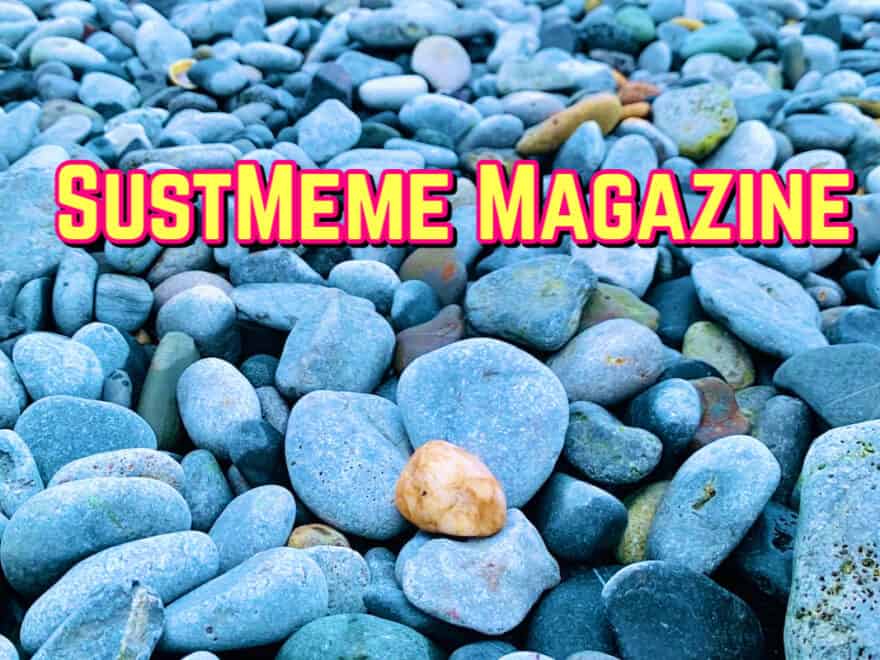 Close-up of blue-tinted stones, with one orange and white marbled one centrally, plus 'SustMeme Magazine' in yellow with magenta outline.
