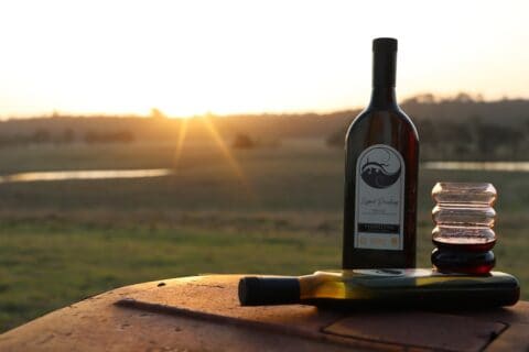 Two wine bottles, one upright, one lying flat, pictured with a glass of red wine against backdrop of sun setting over green fields.