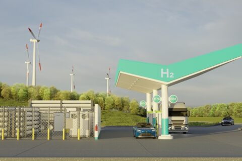 Side-view illustration of hydrogen refuelling station showing installation to left, H2 in white on green canopy, plus car and lorry in position for scale.