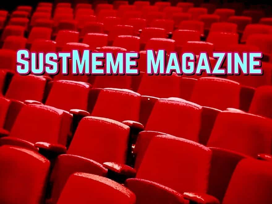 Raked red auditorium audience seating, viewed unoccupied from in front, with 'SustMeme Magazine' overwritten in pale blue with magenta outline.