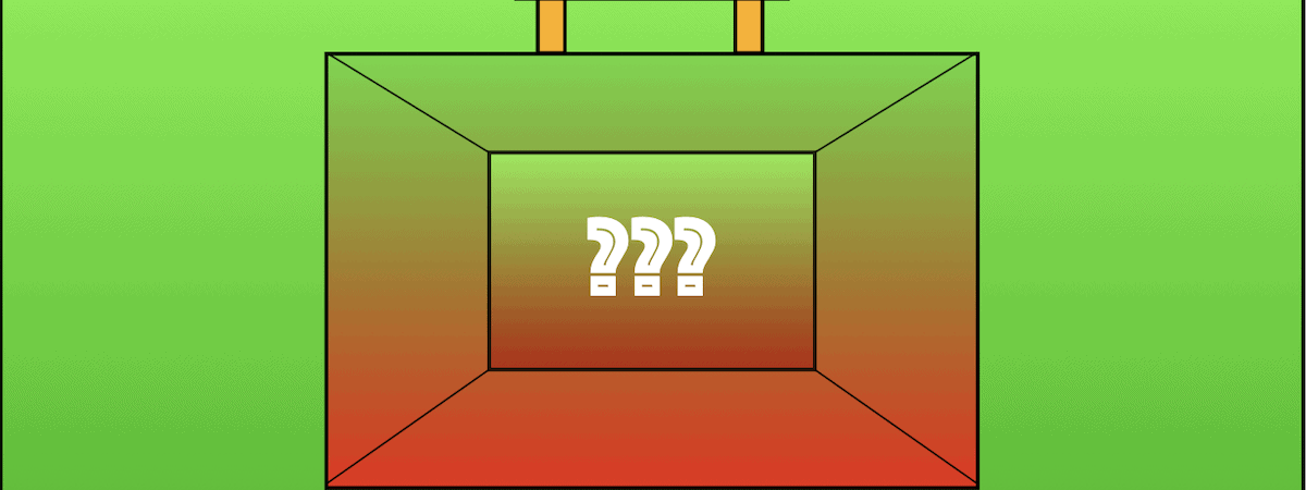Graphic depicting traditional red briefcase, but fading to green at top, with 3 white question marks in centre, against green backdrop.