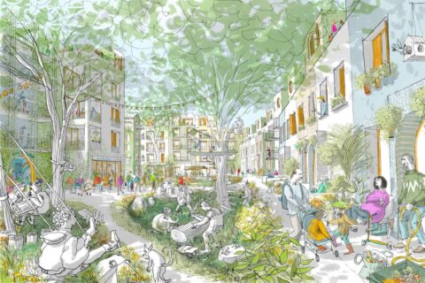 Sketch of courtyard gardens at the Phoenix, with people of all ages engaged in activities in and around green space, with plants and trees.