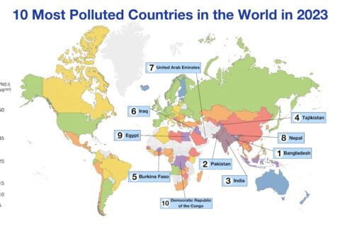 World map showing 10 most polluted countries in 2023.