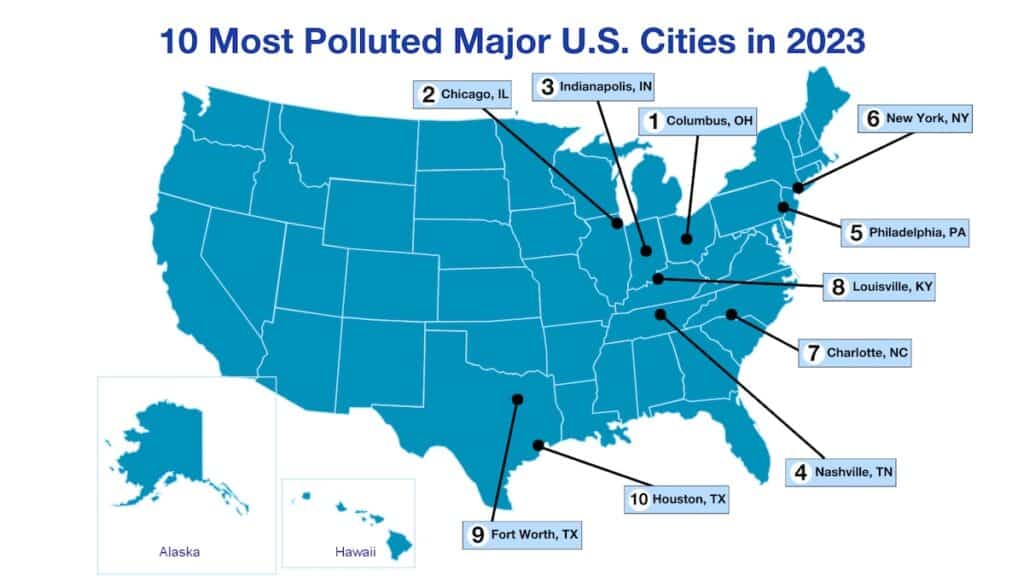 Map of US showing 10 most polluted major cities in 2023.