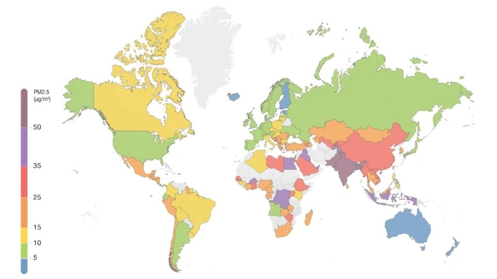 Map of the world, colour-coded to show the concentrations of PM2.5 by country.