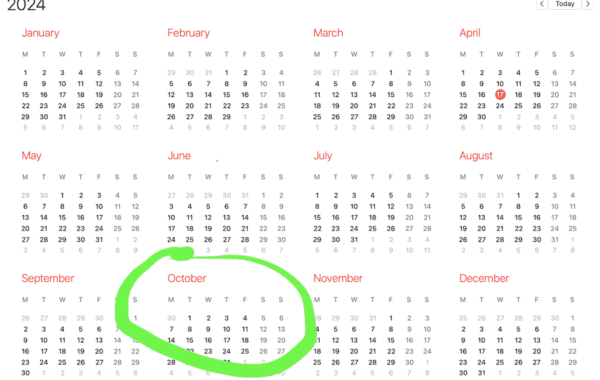 Blank calendar for full year 2024 with month of October circled in green.