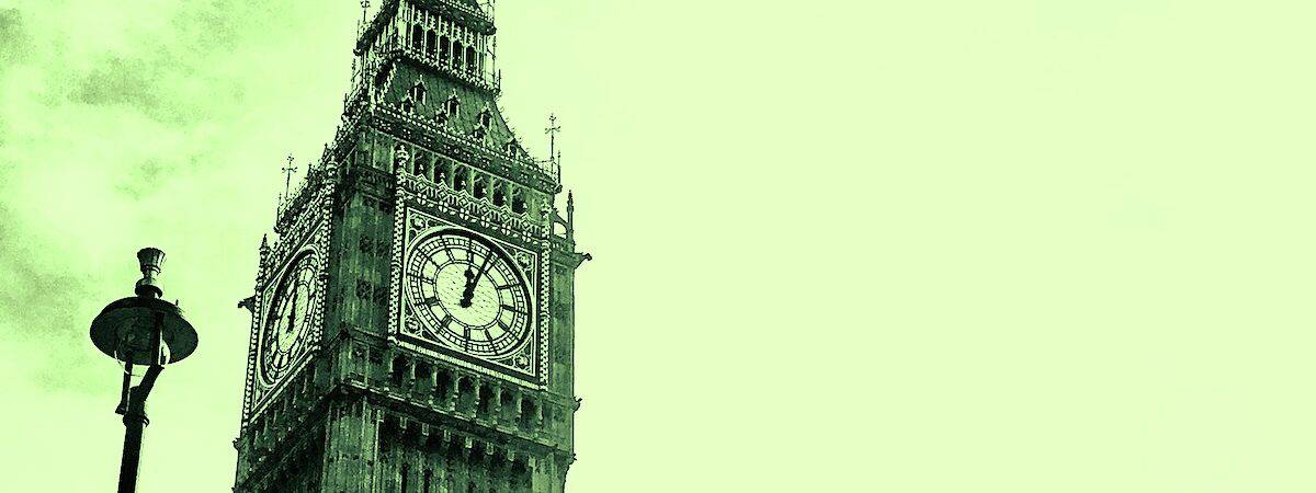 Big Ben clock tower at Houses of Parliament, London, shot in black and white, but with green filter.