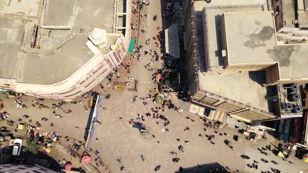 Aerial view of road junction in Varanasi (daytime).