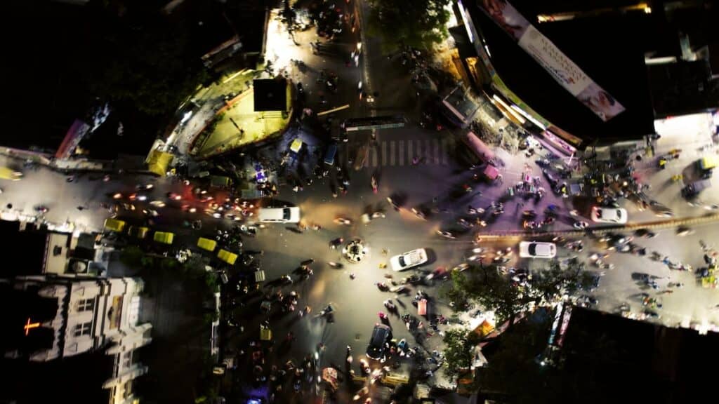 Aerial view of road junction in Varanasi (night-time).