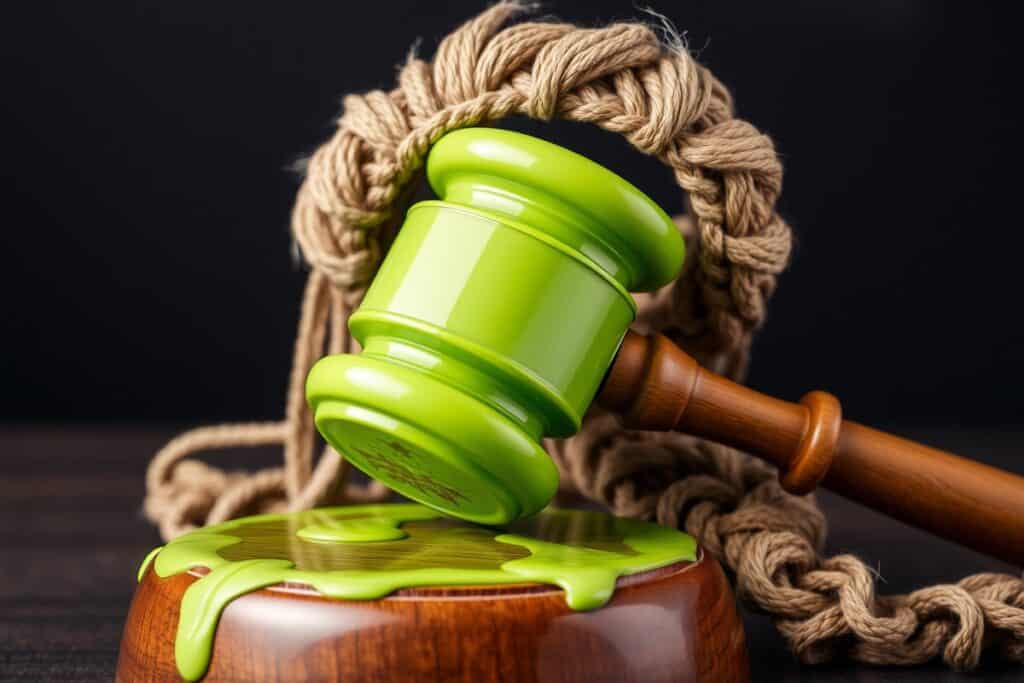 Judge's gavel covered in green paint, with mini rope wig over the hammer, in image created using Gencraft: Artificial Intelligence (AI) art generator.