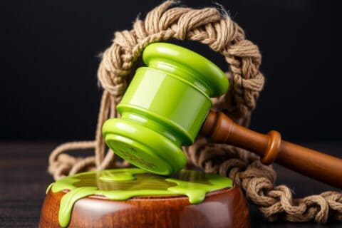 Judge's gavel covered in green paint, with mini rope wig over the hammer, in image created using Gencraft: Artificial Intelligence (AI) art generator.