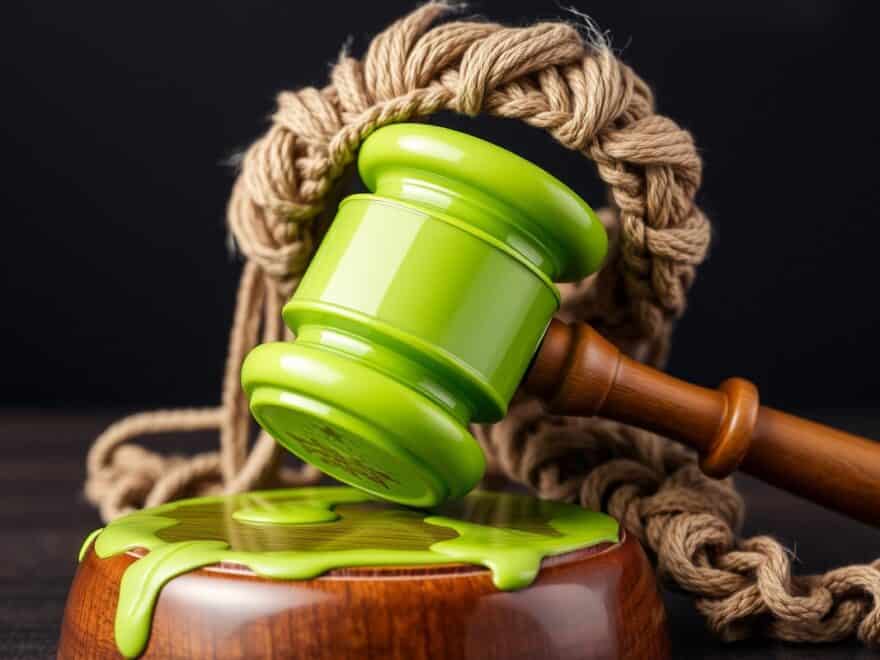 Judge's gavel covered in green paint, with mini rope wig over the hammer, in image created using Gencraft: Artificial Intelligence (AI) art generator.