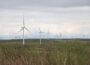 Established wind farm in open fields and moorland, on a grey day with clouds overhead.