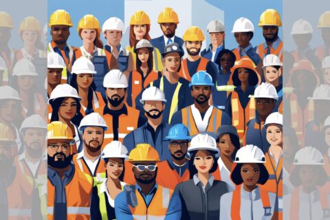 Square graphic via ChatGPT of large diverse group of construction workers standing raked in high-vis and hard hats, with faded partial duplicate panels added left and right to make image landscape.