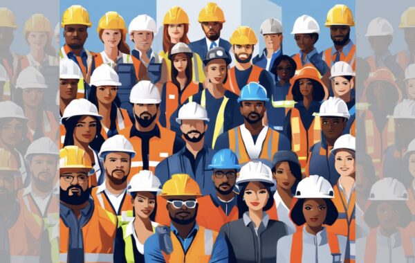 Square graphic via ChatGPT of large diverse group of construction workers standing raked in high-vis and hard hats, with faded partial duplicate panels added left and right to make image landscape.